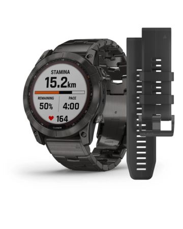 Garmin Fenix 7X Sapphire Solar, hiilenharmaa DLC-titaani ja hiilenharmaa ilmastoitu DLC-titaanihihna 010-02541-27-0