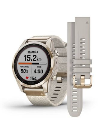 Garmin Fenix 7S Sapphire Solar, Vaalean kullan värinen titaani ja meleerattu kermanvärinen nailonhihna 010-02539-39-0