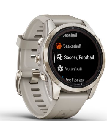 Garmin fēnix 7S Pro - Sapphire Solar Edition Pehmeän kullansävyinen ruostumaton teräs ja vaalean hiekanvärinen ranneke 010-02776-15-1