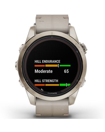 Garmin fēnix 7S Pro - Sapphire Solar Edition Pehmeän kullansävyinen ruostumaton teräs ja vaaleanharmaa nahkaranneke 010-02776-30-1