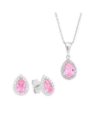 Silbernes Schmuckset, hellrosa Tropfen