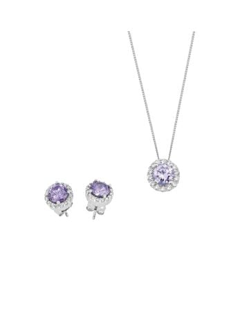 Silbernes Schmuckset mit violettem Stein
