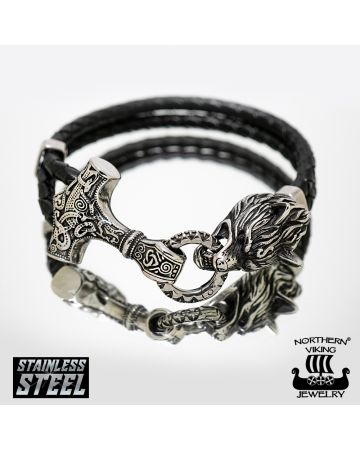 Northern Viking Jewelry Thor's Hammer Wolf Head rannekoru NVJRA013