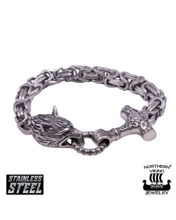 Northern Viking Jewelry Byzantine Thor's Hammer Wolf Head -rannekoru NVJRA016