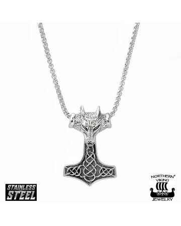 Northern Viking Jewelry Fenrir Wolfhead Thor´s Hammer -kaulakoru NVJRS052-1
