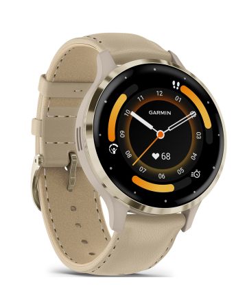Garmin Venu 3S pehmeän kullanvärinen bezel, viileänharmaa runko ja nahkaranneke 010-02785-55-1