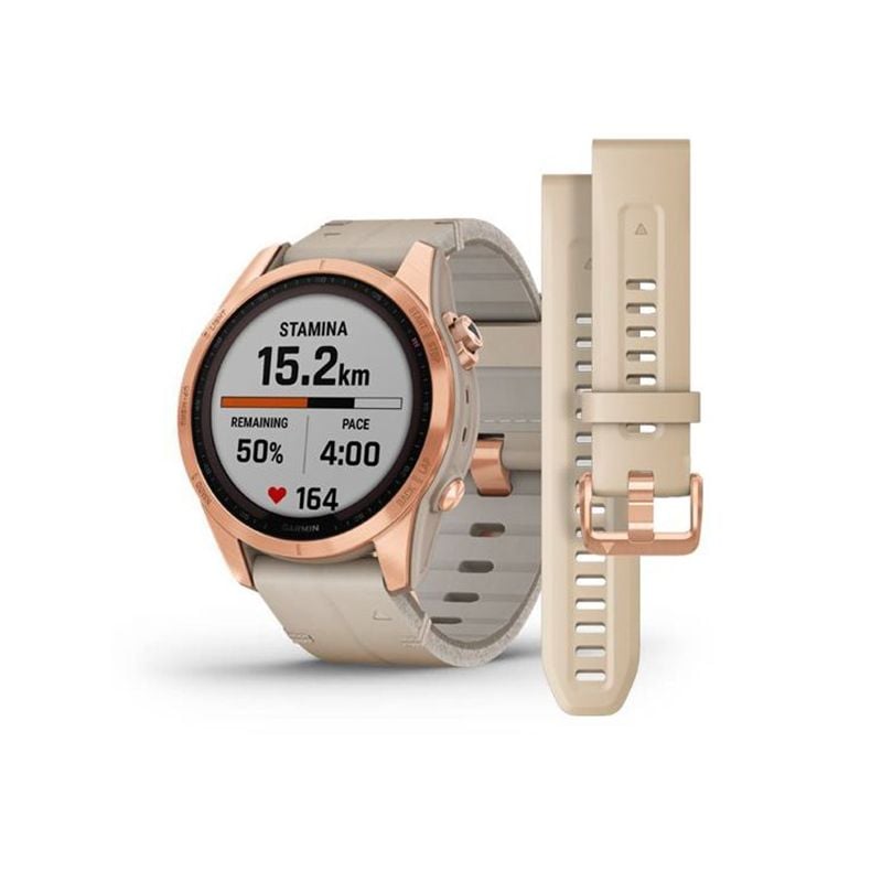 Garmin Fenix 7S, Sapphire Solar, Ruusukullan värinen titaani ja kalkkikiven värinen nahkahihna 010-02539-35-0