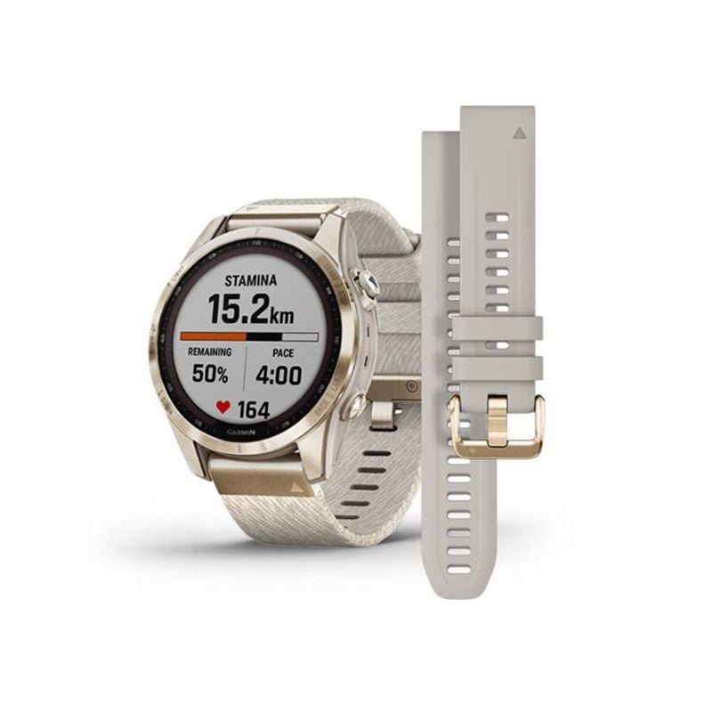 Garmin Fenix 7S Sapphire Solar, Vaalean kullan värinen titaani ja meleerattu kermanvärinen nailonhihna 010-02539-39-0