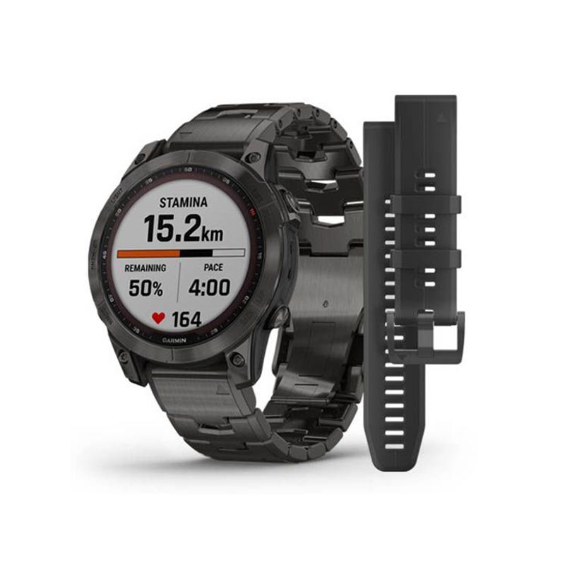Garmin Fenix 7 Sapphire Solar, Hiilenharmaa DLC-titaani ja hiilenharmaa ilmastoitu DLC-titaanihihna 010-02540-39-0