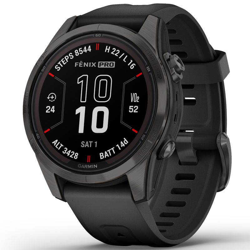 Garmin fēnix 7S Pro - Sapphire Solar Edition Hiilenharmaa DLC-pinnoitettu titaani ja musta ranneke 010-02776-11-1