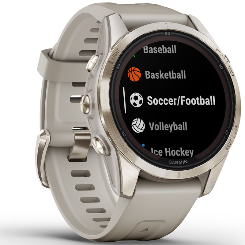 Garmin fēnix 7S Pro - Sapphire Solar Edition Pehmeän kullansävyinen ruostumaton teräs ja vaalean hiekanvärinen ranneke 010-02776-15-1