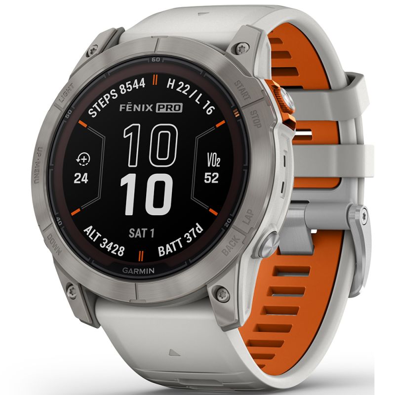 Garmin fēnix 7X Pro - Sapphire Solar Edition on Titaani ja sumunharmaa/oranssi ranneke 010-02778-15-1