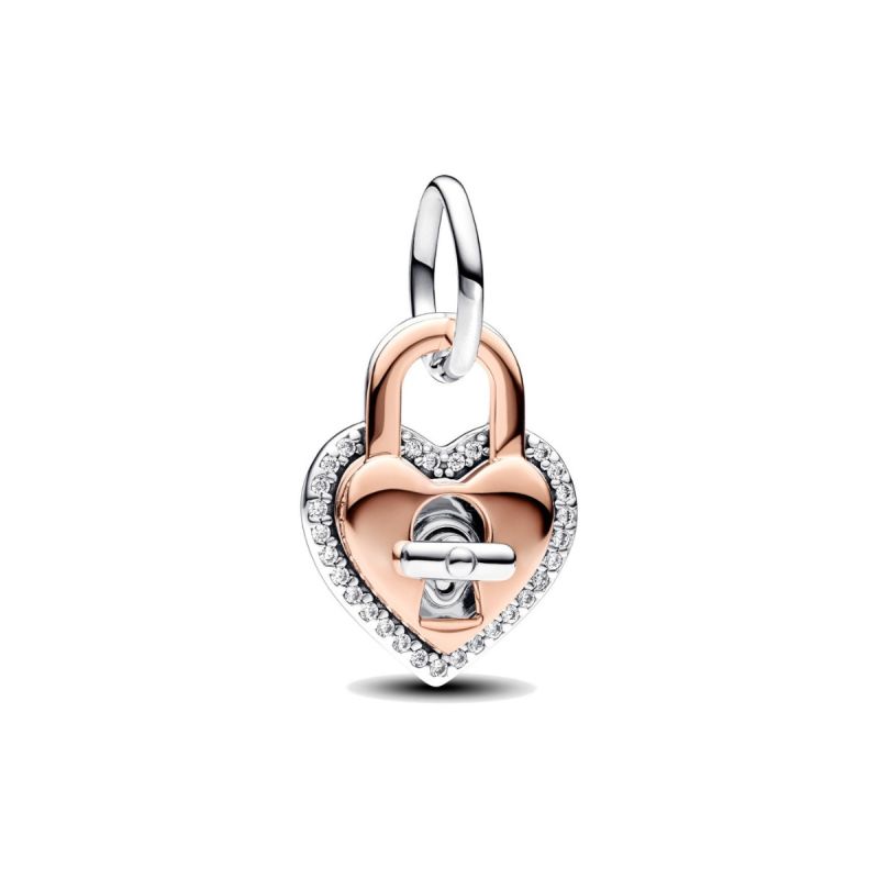 Pandora Moments Two-tone Twistable Heart Padlock Double Dangle hela 783079C01-1