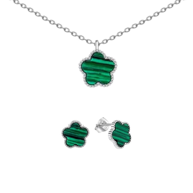 Silberschmuckset, grüne Blume