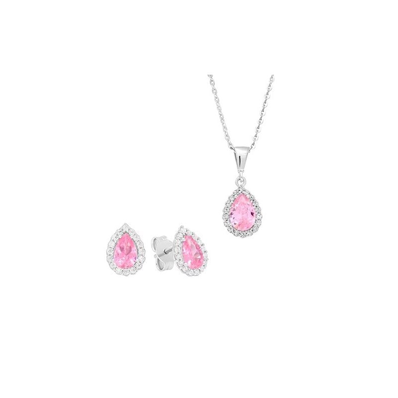 Silbernes Schmuckset, hellrosa Tropfen
