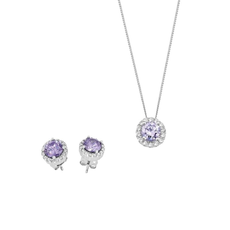 Silbernes Schmuckset mit violettem Stein