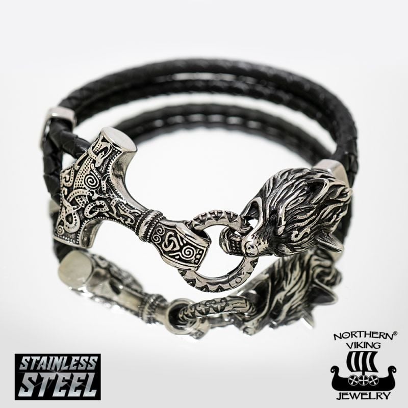 Northern Viking Jewelry Thor's Hammer Wolf Head rannekoru NVJRA013-1