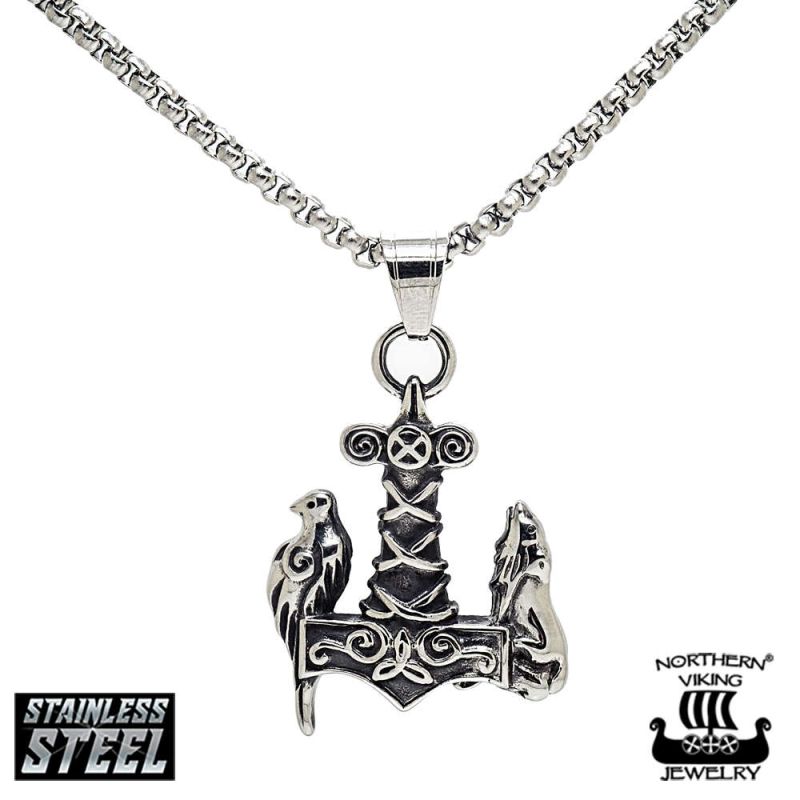 Northern Viking Jewelry Raven Wof Thor's Hammer -kaulakoru NVJRS065-1