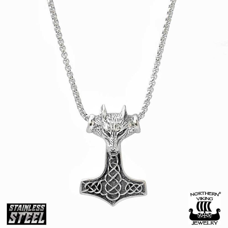 Northern Viking Jewelry Fenrir Wolfhead Thor´s Hammer -kaulakoru NVJRS052-1