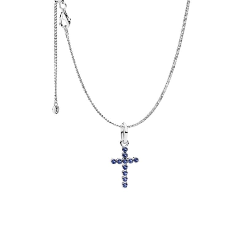 Pandora Blue Round Bezel Cross Halskette