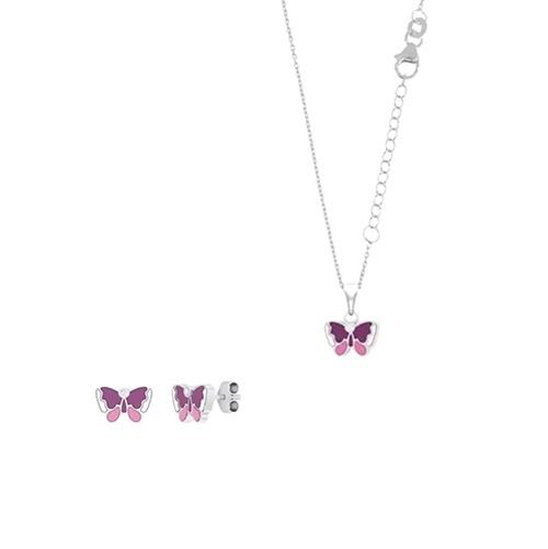 Hopeinen korusetti, violetti perhonen