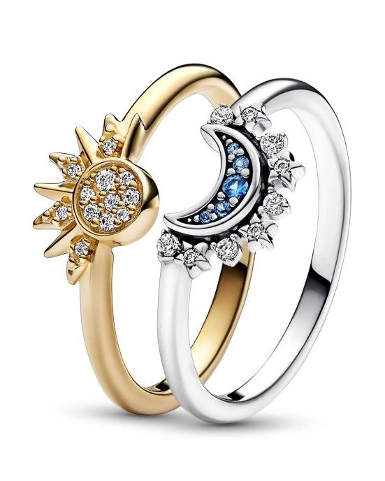 Pandora Celestial Sparkling Sun and Moon Ring Paar