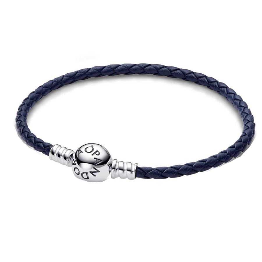 Pandora Round Clasp Blue Braided Leather Armband 17,5 cm 592790C0