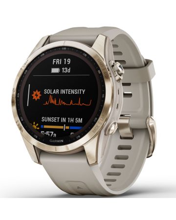 Garmin Fenix 7S Sapphire Solar, Vaalean kullan värinen titaani ja vaalean hiekan värinen hihna 010-02539-21