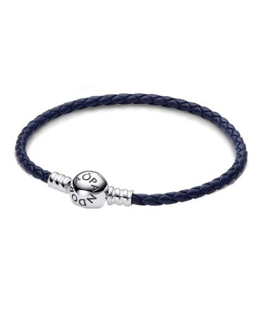 Pandora Round Clasp Blue Braided Leather Armband 20,5 cm 592790C0