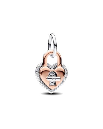 Pandora Moments Two-tone Twistable Heart Padlock Double Dangle hela 783079C01-1