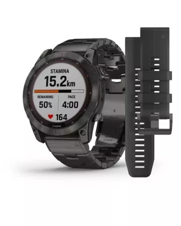 Garmin Fenix 7X Sapphire Solar, hiilenharmaa DLC-titaani ja hiilenharmaa ilmastoitu DLC-titaanihihna 010-02541-27-0