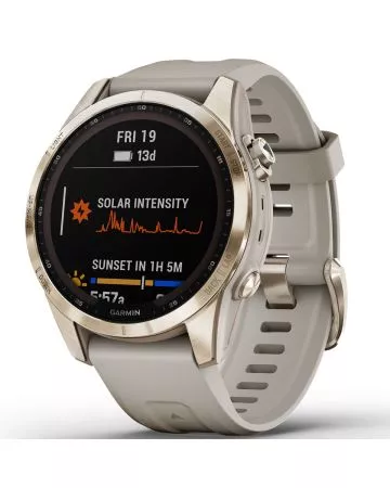 Garmin Fenix 7S Sapphire Solar, Vaalean kullan värinen titaani ja vaalean hiekan värinen hihna 010-02539-21