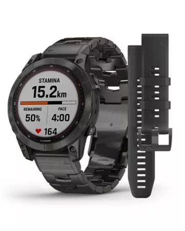 Garmin Fenix 7 Sapphire Solar, Hiilenharmaa DLC-titaani ja hiilenharmaa ilmastoitu DLC-titaanihihna 010-02540-39-0