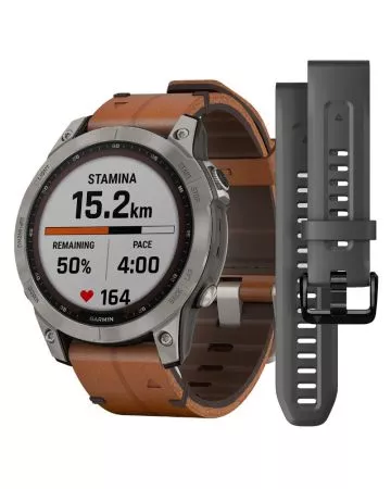 Garmin Fenix 7 Sapphire Solar, Titaani ja ruskea nahkahihna 010-02540-31