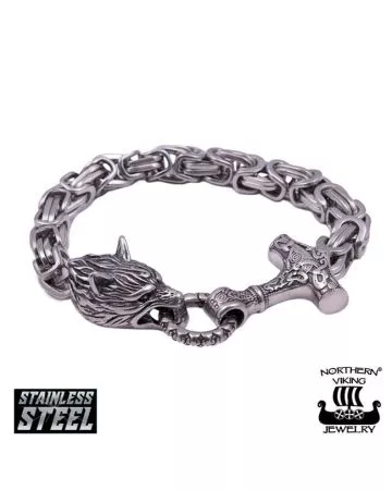 Northern Viking Jewelry Byzantine Thor's Hammer Wolf Head -rannekoru NVJRA016