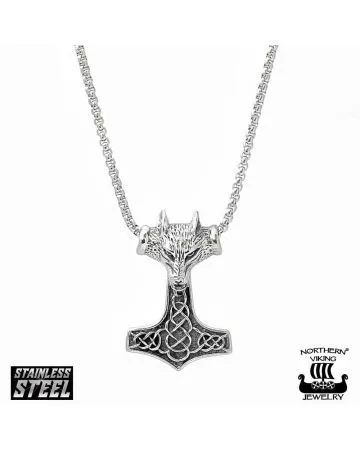 Northern Viking Jewelry Fenrir Wolfhead Thor´s Hammer -kaulakoru NVJRS052-1