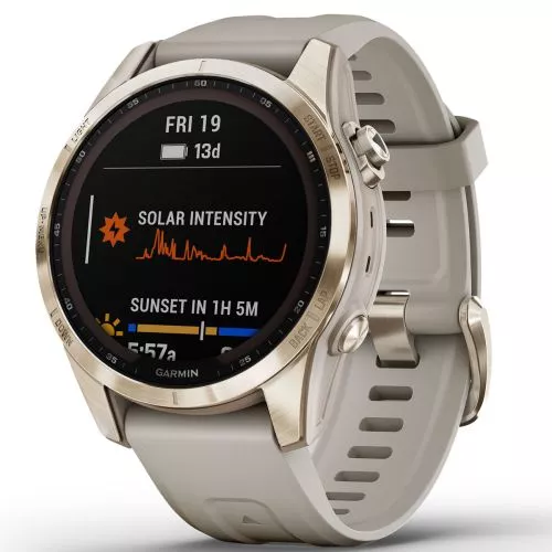 Garmin Fenix 7S Sapphire Solar, Vaalean kullan värinen titaani ja vaalean hiekan värinen hihna 010-02539-21-5