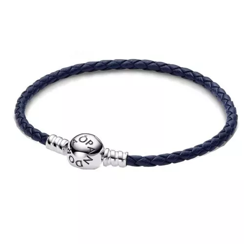 Pandora Round Clasp Blue Braided Leather Armband 20,5 cm 592790C0-1