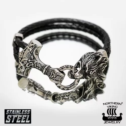 Northern Viking Jewelry Thor's Hammer Wolf Head rannekoru NVJRA013-1