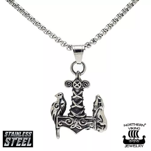 Northern Viking Jewelry Raven Wof Thor's Hammer -kaulakoru NVJRS065-1