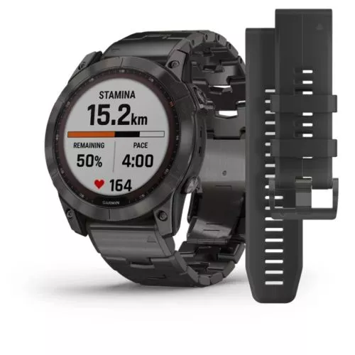 Garmin Fenix 7X Sapphire Solar, hiilenharmaa DLC-titaani ja hiilenharmaa ilmastoitu DLC-titaanihihna 010-02541-27-0