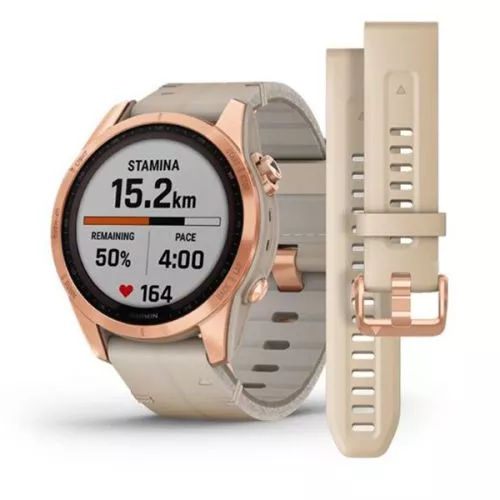 Garmin Fenix 7S, Sapphire Solar, Ruusukullan värinen titaani ja kalkkikiven värinen nahkahihna 010-02539-35-0
