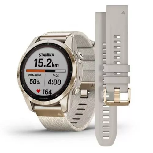 Garmin Fenix 7S Sapphire Solar, Vaalean kullan värinen titaani ja meleerattu kermanvärinen nailonhihna 010-02539-39-0