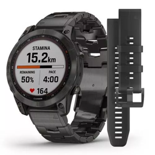 Garmin Fenix 7 Sapphire Solar, Hiilenharmaa DLC-titaani ja hiilenharmaa ilmastoitu DLC-titaanihihna 010-02540-39-0