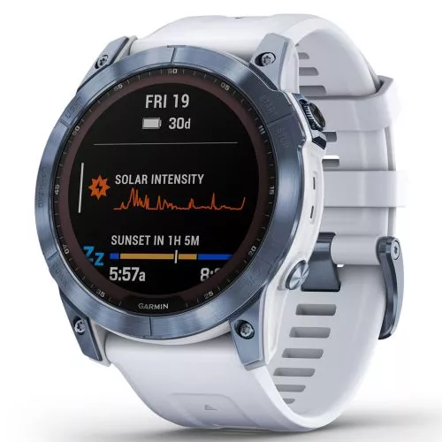 Garmin Fenix 7X Sapphire Solar, Vaaleansininen DLC-titaani ja vaaleanharmaa hihna 010-02541-15-15