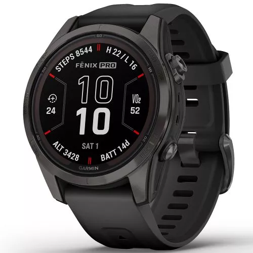 Garmin fēnix 7S Pro - Sapphire Solar Edition Hiilenharmaa DLC-pinnoitettu titaani  ja musta ranneke 010-02776-11-1