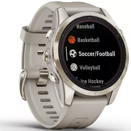 Garmin fēnix 7S Pro - Sapphire Solar Edition Pehmeän kullansävyinen ruostumaton teräs ja vaalean hiekanvärinen ranneke 010-02776-15-1