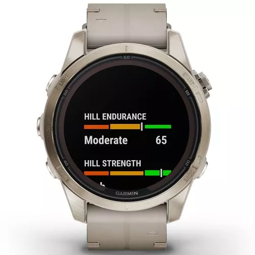 Garmin fēnix 7S Pro - Sapphire Solar Edition Pehmeän kullansävyinen ruostumaton teräs ja vaaleanharmaa nahkaranneke 010-02776-30-1
