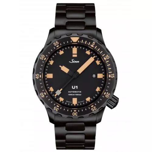 Sinn U1S E Submarine Steel -rannekello / musta teräs 1010.023-1