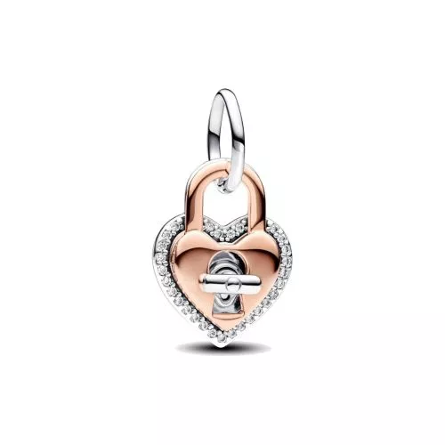 Pandora Moments Two-tone Twistable Heart Padlock Double Dangle hela 783079C01-1